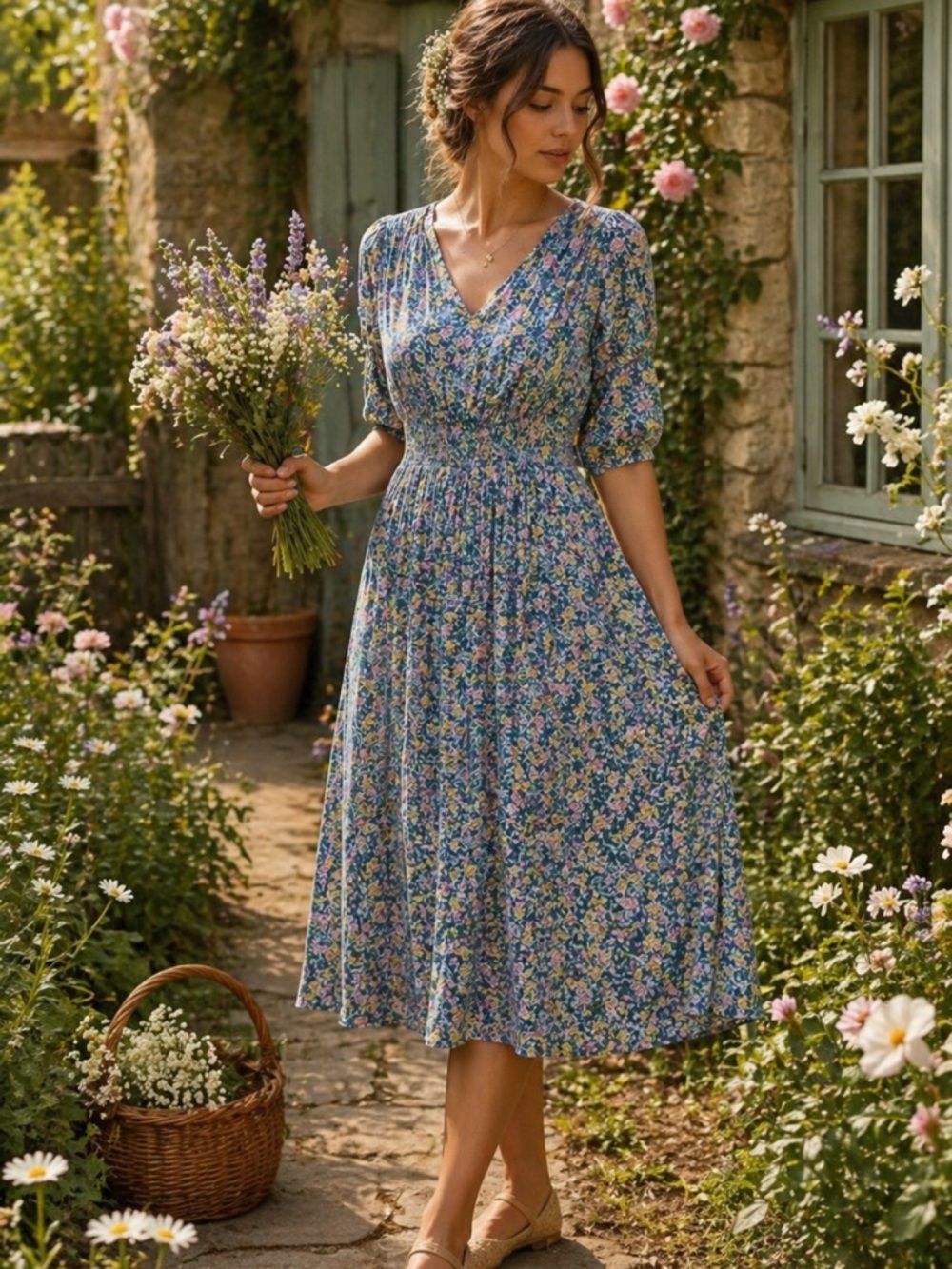 Wayward Fancies Womens Smocked Waist Dress M Ditsy Floral‎ Praire Cottage Dainty